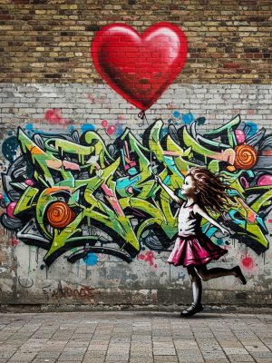 Street,Art,Artistic,Image,Of,Little,Girl,Dancing,Holding,A