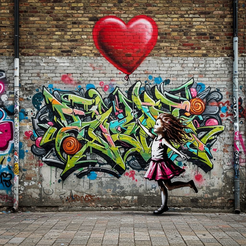 Street,Art,Artistic,Image,Of,Little,Girl,Dancing,Holding,A
